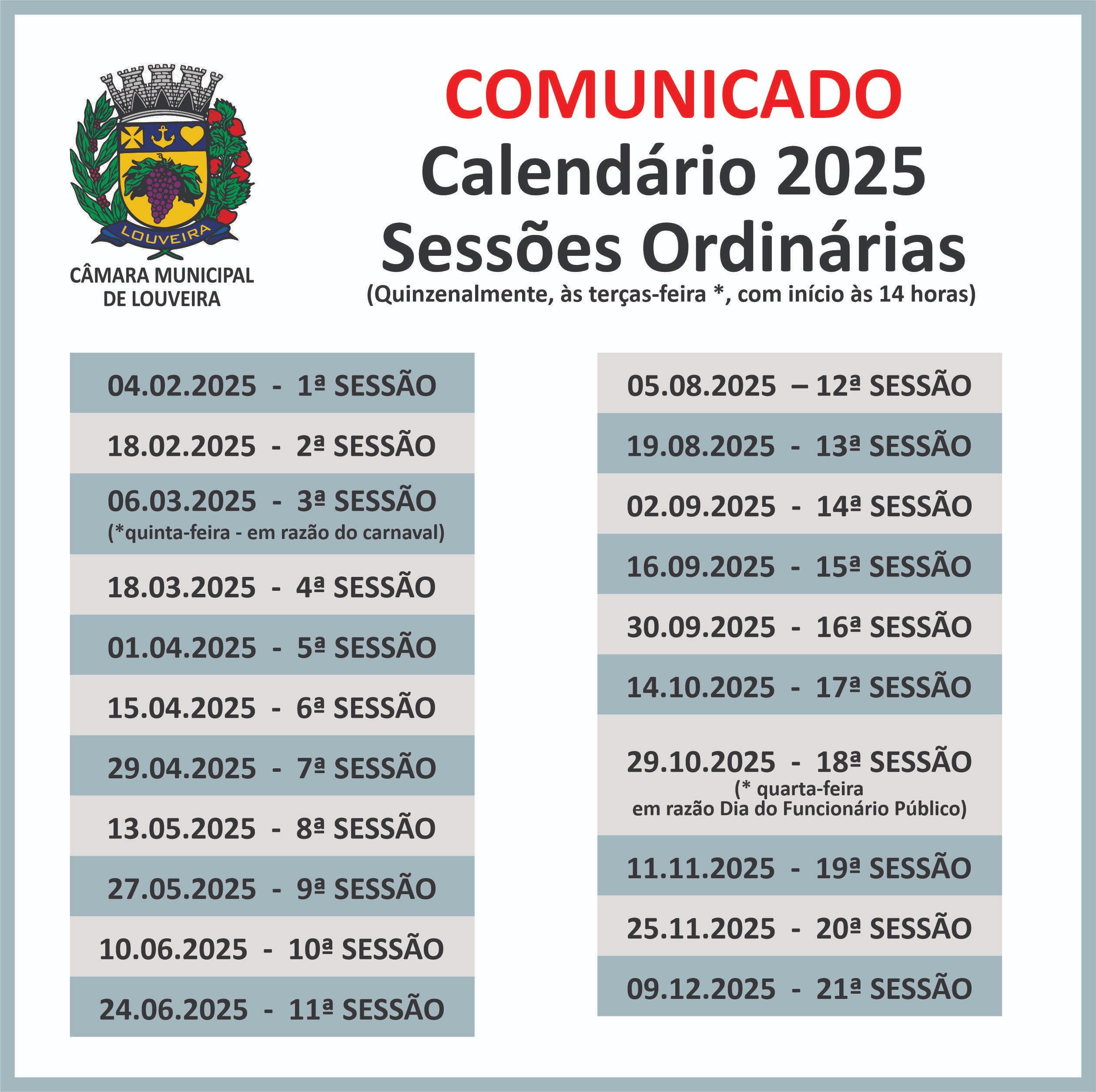 Calendário das Sessões Ordinárias 2025